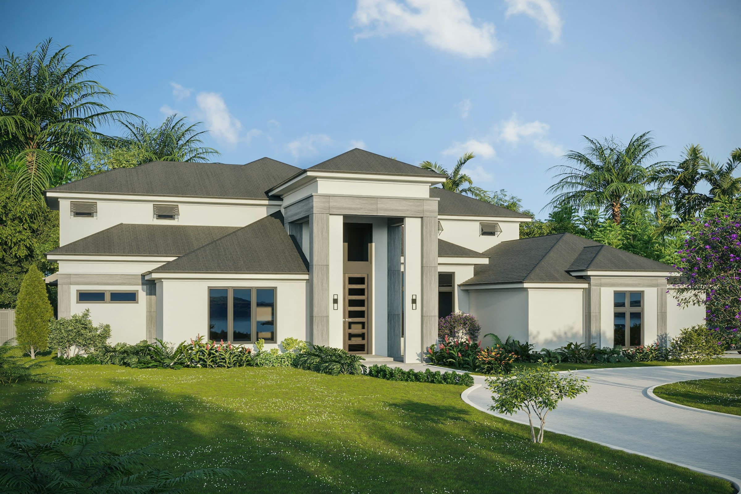 Modern Florida home with paver driveway and manicured landscaping
